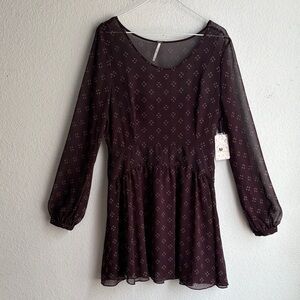 NWT $128 Free People BABY DEE Chiffon Long Sleeve Mini Dress Sz M Color Maroon